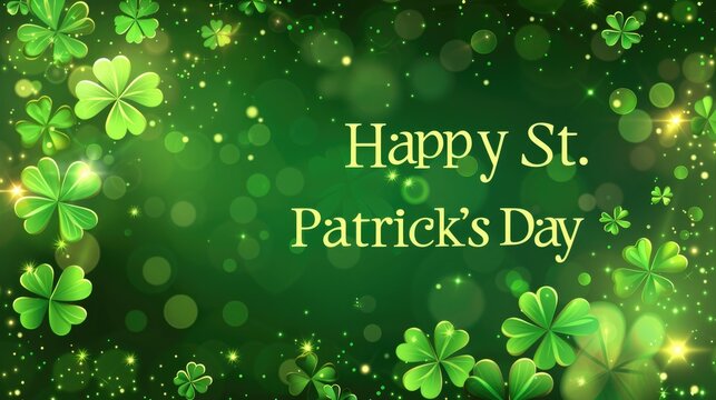 "Happy St. Patrick's Day" Text Illustration Adorned with Clover sparkle green background