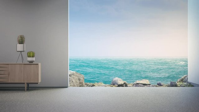 Empty white wall on concrete floor in modern beach house or hotel. Home interior 3d rendering of bright living room with sea view background.