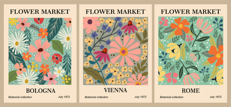 Set of abstract flower market posters. Trendy botanical wall arts with floral design in sage green colors. Modern naive groovy funky hippie interior decorations, paintings. Vector art illustration.