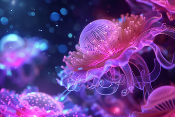 Obraz premium a fluorescent underwater world, showcasing the surreal beauty of bioluminescent sea life