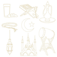 Two Dimensional Illustration of Ramadan. Ramadan icon/symbol for Muslim worship. Dates, mosque, teapot, water glass, prayer beads, moon and stars, drum, quran, prayer beads.
