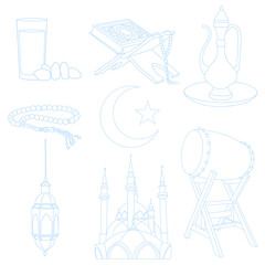 Two Dimensional Illustration of Ramadan. Ramadan icon/symbol for Muslim worship. Dates, mosque, teapot, water glass, prayer beads, moon and stars, drum, quran, prayer beads.
