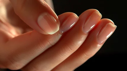 Close-up natural female nails. Short woman's manicure with shine. Healthy fingernails with Japanese manicure.