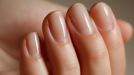 Close-up natural female nails. Short woman's manicure with shine. Healthy fingernails with Japanese manicure.