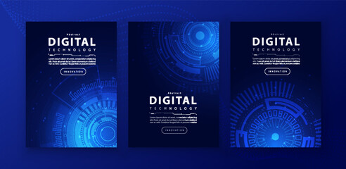 Poster brochure cover banner presentation layout template, technology digital futuristic internet network connection blue background, abstract cyber future tech communication, Ai big data science 3d