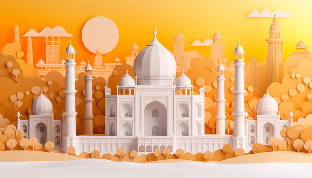 Paper cut style vector image of India with Taj Mahal and skyline with world famous landmarks