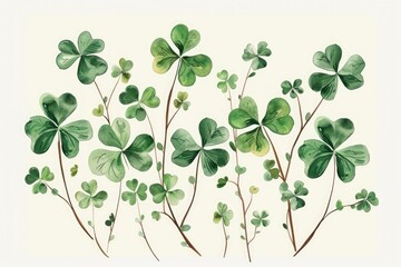 Watercolor Drawing of Green Four-Leaf Clover Leaves on White Background