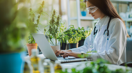 A female researcher wearing a ground cover uses a laptop to record and analyze cannabis plants for commercial cultivation. alternative herbal medicine - obrazy, fototapety, plakaty