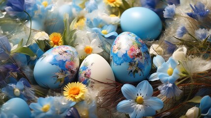 colorful easter eggs arranged in a field of flowers, 