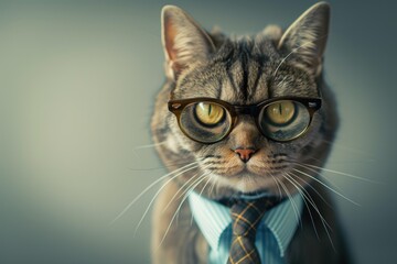 Business cat wearing glasses and a tie on an empty background with copy space