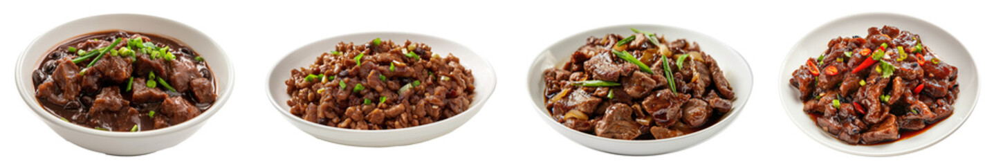 Korean food Beef in black bean sauce with red and green peppers. Isolated on transparent background