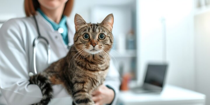 Veterinarian holding a cat in his arms. Cat at the doctor's appointment. Pet health.