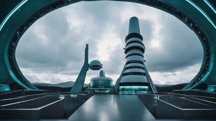 airport control tower _A modern space center with a circular structure and a tower. The space center is located on a blue    - obrazy, fototapety, plakaty