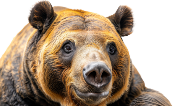 A majestic brown bear gazes intensely into the camera, its snout and piercing eyes conveying both the wild beauty and raw power of this iconic terrestrial mammal