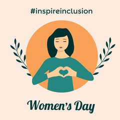 women's Day card with text inspireinclusion brunette woman vector illustration 