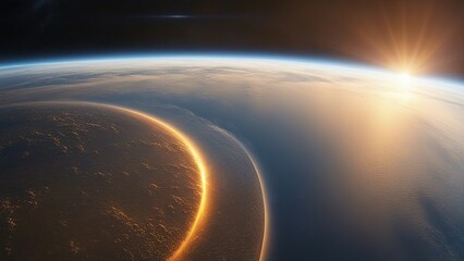 sunrise over the earth __A peaceful view of the Earth from space, with a blue sunrise over the horizon.   - obrazy, fototapety, plakaty