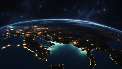 earth and sun _A night view of the Earth from space, with the lights of the cities and the stars shining  