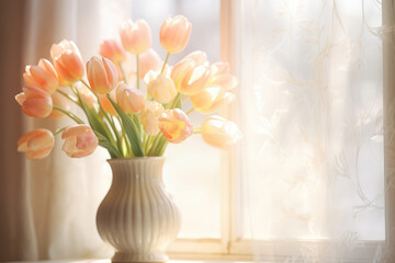 Tulips in vase on a sunlit windowsill. Soft sunlight seeping through old window glass.