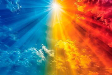 Fototapeta premium Sunbeams radiate through vibrant, colorful clouds, painting a breathtaking sky that evokes a deep sense of spirituality, hope, and the divine nature of prayer.
