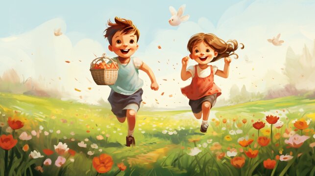 Beautiful Drawing Of Two Children Enjoying Life
