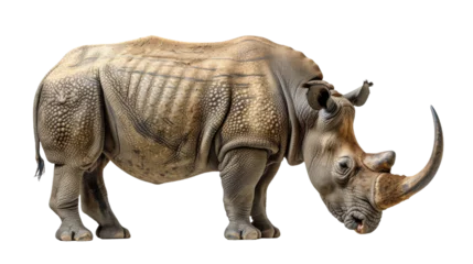 Poster A majestic rhinoceros with its mouth agape, showcasing its powerful horn and wild spirit, roams the safari alongside its fellow terrestrial animals such as elephants and tusked creatures, embodying t © Daniel