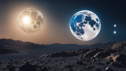 two moon over the mountains _A shiny silver moons with a metallic surface and craters. The moon is orbiting a blue and white planet 