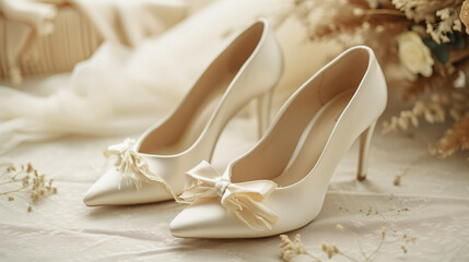 Fototapeta na wymiar Pair of creamy bridal shoes.
