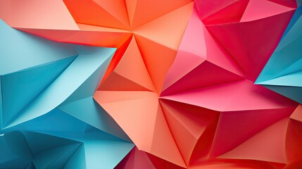 geometric paper origami background, turquoise pink orange red, photography depth of field