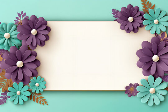 a paper flower frame with a white background and purple flowers on it, with a green background and a white paper board, generative ai