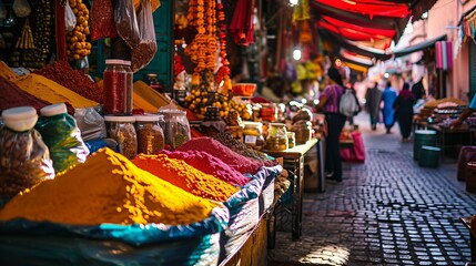 Obraz premium Colorful Array of Spices in a Traditional Market Setting