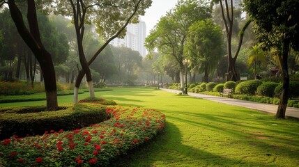 A verdant park in the heart of the city, with neatly trimmed lawns and vibrant flower beds, where early risers gather for tai chi and meditation, finding solace amidst the urban hustle and bustle