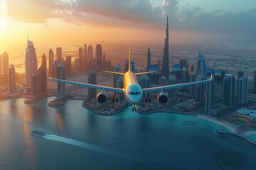 Airplane flying over Dubai skyscrapers - obrazy, fototapety, plakaty