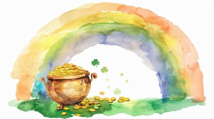 Leprechaun pot of gold with rainbow, watercolor art on white background