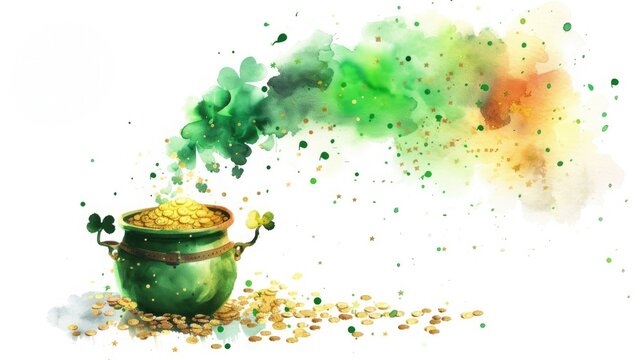 Leprechaun pot of gold with rainbow, watercolor art on white background