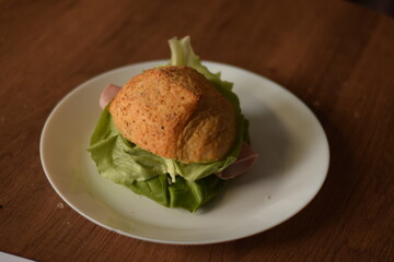 breakfast roll on white plate