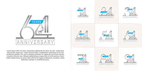 set of anniversary logotype silver color with ornament and blue ribbon for special celebration event