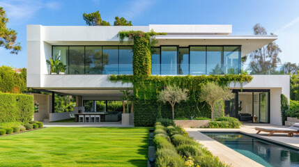 Hedges around modern luxury house.