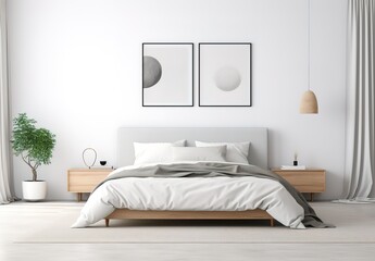 The warm bedroom interior is a combination of white and gray colors, consisting of a small wooden table on the right and left, a sleeping lamp, green plants in pots and two paintings  