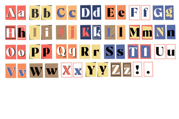Vector funny alphabet from letters in newspaper clipping style. Fun paper alphabet. Vector latin alphabet
