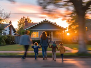 Blurred motion photo of a family of five man and woman with three kids boys walking to their new house at golden hour