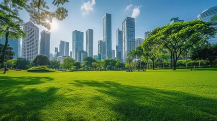 Keuken spatwand met foto Public park and high-rise buildings cityscape in metropolis city center. Green environment city and downtown business district in panoramic view. © Santy Hong