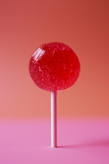 a small red lollipop sitting on top of a pink backgro