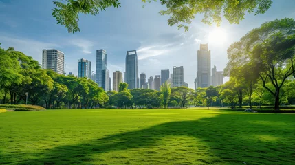 Fotobehang Public park and high-rise buildings cityscape in metropolis city center. Green environment city and downtown business district in panoramic view. © Santy Hong