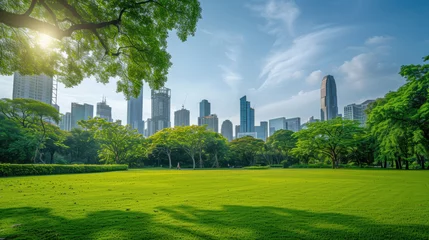 Foto op Plexiglas Public park and high-rise buildings cityscape in metropolis city center. Green environment city and downtown business district in panoramic view. © Santy Hong