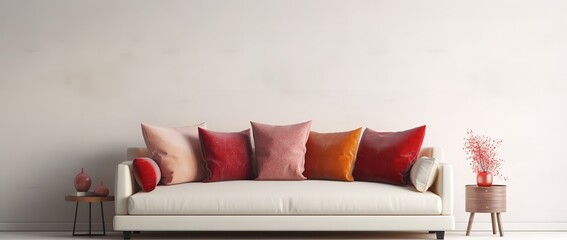 Living room interior with white sofa, red cushions and two small tables on the right and left with white walls 