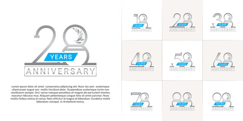 Fototapeta na wymiar set of anniversary logotype silver color with ornament and blue ribbon for special celebration event