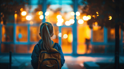 Obraz premium Small girl goes to preparatory school looking at illuminated windows in evening. Nervous preschooler walks to preparatory form for first time in back lit, copy space.