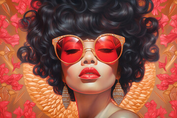 Girl with black curly hair, sunglasses, retro, art.