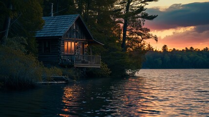 Fototapeta premium Dusk View of Illuminated Cabin by Lake, Nestled in Dense Forest