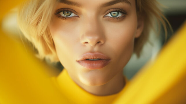 Beautiful girl, French model, blonde hair, in yellow clothes. Supermodel.